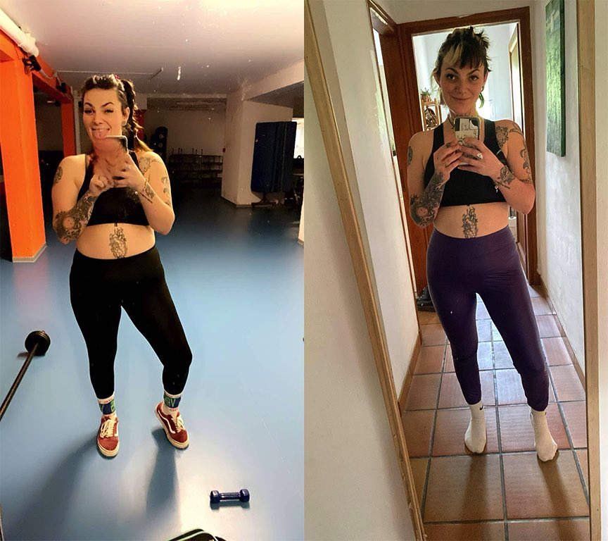 Deux photos miroir de la même femme avant et après sa transformation physique